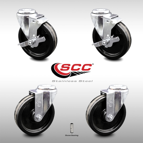5 Inch SS Phenolic Wheel Swivel Bolt Hole Caster Set with 2 Brake